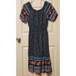 Women's Navy Blue Floral Print Off-The-Shoulder Bohemian Dress Size Medium